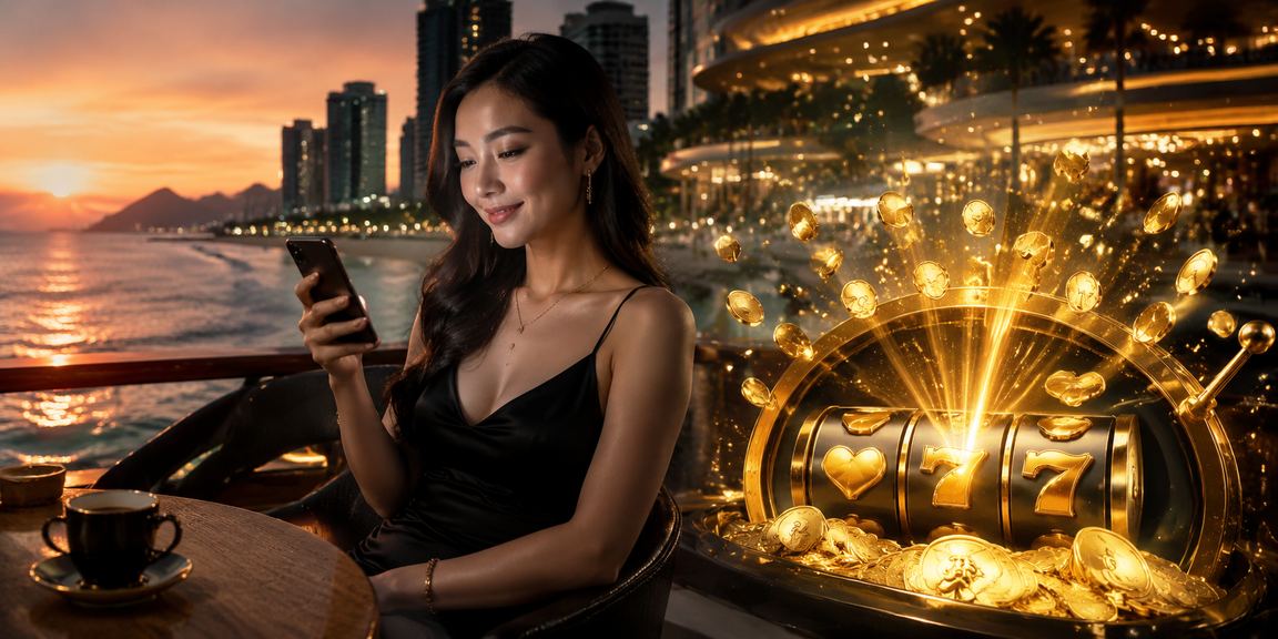 Không gian cà phê Đà Nẵng hiện đại với người chơi slot game trên điện thoại di động
